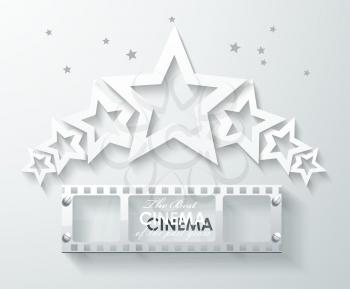  Cinema banner with white paper stars and film tape. Vector cinema background.