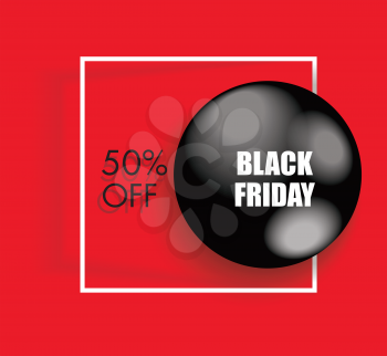 Black Friday Sale Poster with Shiny Ball on Red Background with Square Paper Frame. Vector illustration.