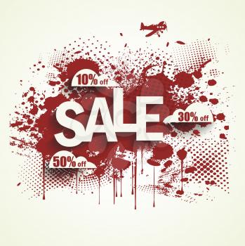 Grunge sale poster with an red inky dribble strip, white clouds with discounts, airplane and copy space.