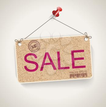 SALE carton signboard with rope, vector.
