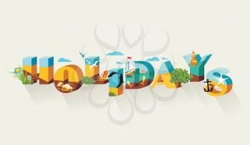 Summer HOLIDAYS vector design with colorful beach elements. Vector illustration.