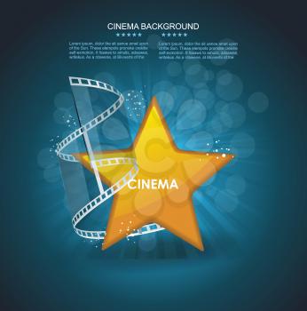 Film strip roll with gold star. Vector cinema background.