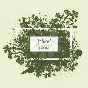Fresh spring background with grass and flower's petals in white paper frame, verctor.