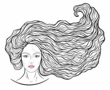 Beautiful girl face with long curly hair and neutral expression. Hand drawn woman portrait stylized in lines. Decorative vector illustration
