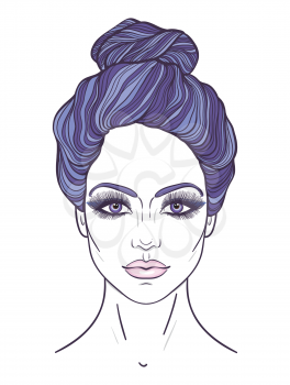 Beautiful girl face with top knot hair style, make up and neutral expression. Hand drawn woman portrait stylized in lines. Decorative vector illustration