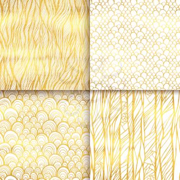 Abstract golden seamless pattern set. Waves, curly lines, spiral, stripes, scale ornament. Universal basic background. Shining luxury glamour vector illustration