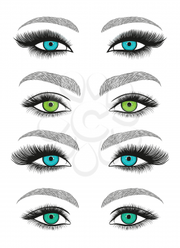Stylized decorative makeup set. Hand drawn eyes with thick, long eyelashes and perfect brows. Black and white isolated vector illustration