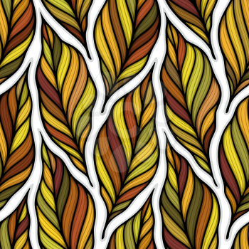 Falling leaves colorful vector illustration. Decorative autumn leaves beautiful seamless pattern. Hand drawn organic lines