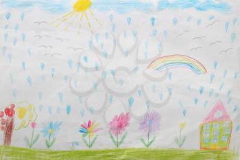 image of children's drawing of house flowers and rainbow