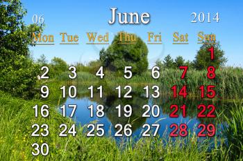 calendar for the June of 2014 on the background of summer landscape
