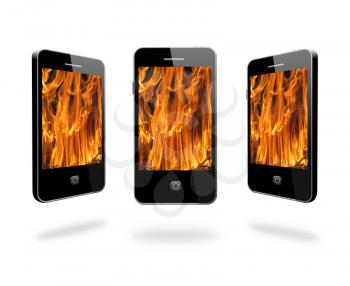 illustration of modern mobile phone with images of flame on the white background