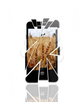 modern broken smartphone with splinters on the white background
