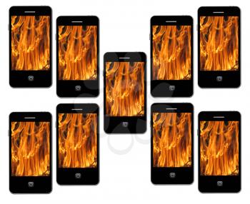 illustration of modern mobile phone with images of flame on the white background