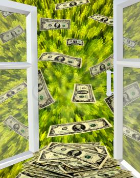 opened window to the green abstract image and flying away dollars