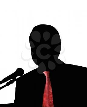 Silhouettes of the man with microphone and red tie on the white background