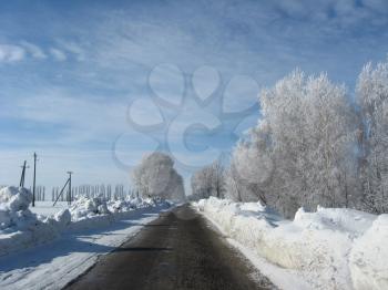 Beautiful winter landscape with hoar-frost on the road and trees