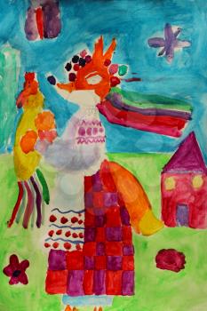 Children's drawing with fabulous fox dressed in national Ukrainian clothes