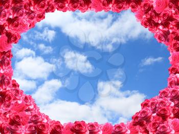 frame from red roses and background from cloudy white sky
