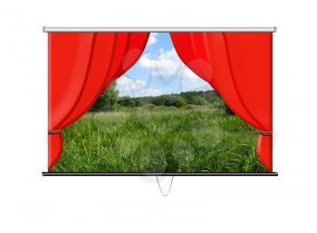 beautiful white screen with red curtains and summer landscape on background