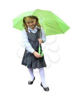 little girl plays with umbrella isolated on white background