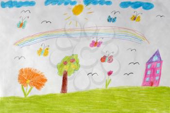 image of children's drawing of house, flowers and rainbow