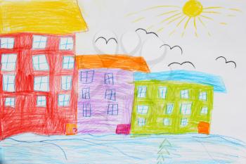 image of children's drawing of houses and birds