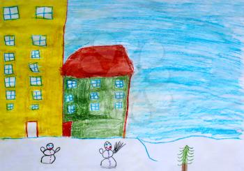 image of children's drawing of houses and snowmen