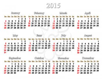 simple and accurate calendar for 2015 year on the white background