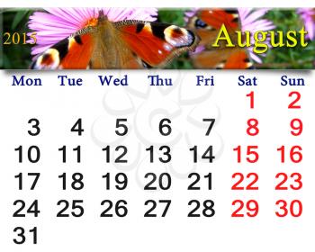 beautiful calendar for August of 2015 year with image of butterfly of peacock eye