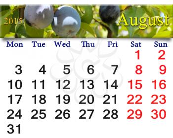 beautiful calendar for the August of 2015 year with image of ripe plums
