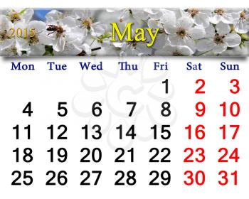 calendar for May of 2015 year with white blooming cherry