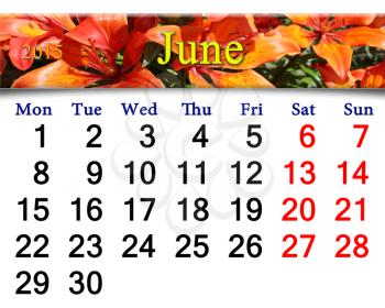 calendar for the June of 2015 on the background of beautiful red lilies