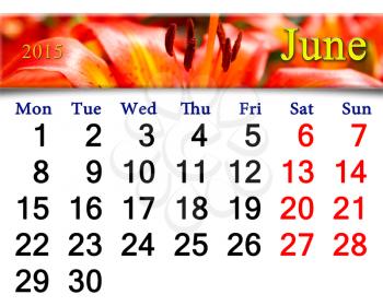calendar for the June of 2015 on the background of beautiful red lilies