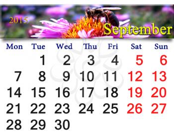 calendar for September of 2015 with bee on the pink flower