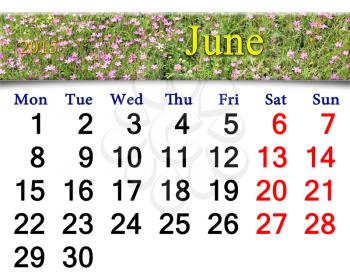 calendar for June of 2015 year with ribbon of wild carnation