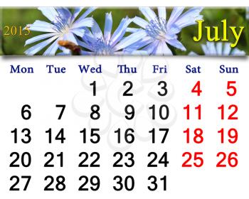 calendar for the July of 2015 with Cichorium in the summer field