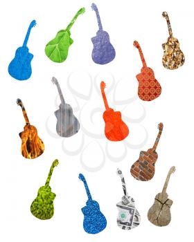 many colored guitars isolated on the white background