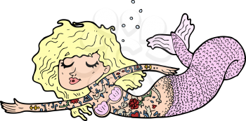Royalty Free Clipart Image of a Mermaid Covered in Tattoos