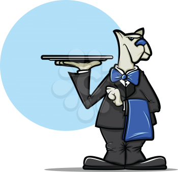 Illustration of a cartoon dog wearing a tuxedo and holding a server tray
