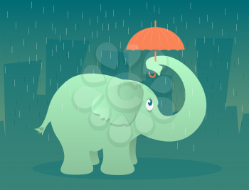 Illustration of an elephant standing in the rain under a tiny umbrella
