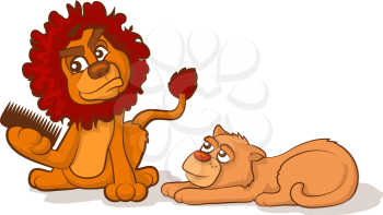 Cartoon lion and lioness with tangled hair