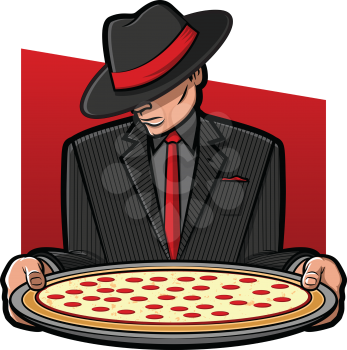 Illustration of a gangster holding a pizza pie