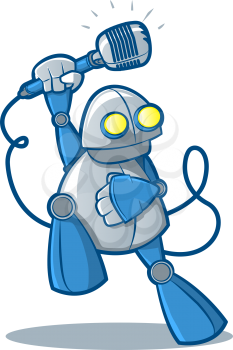 Illustration of a retro robot holding a retro microphone