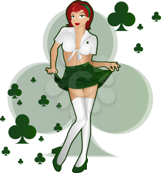 Lady Luck with green clubs and clovers