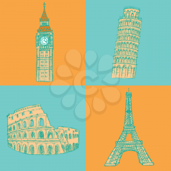 Sketch Eifel tower, Pisa tower, Big Ben and Coliseum, vector vintage set
