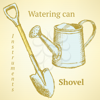 Sketch shovel and watering can, vector vintage background