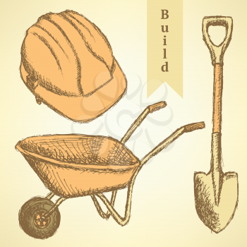 Sketch helmet, barrow and shovel,  vector vintage background
