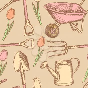 Garden fork, barrow, watering can and shovel, vintage seamless pattern

