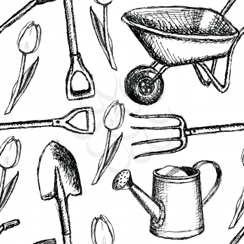Garden fork, barrow, watering can and shovel, vintage seamless pattern

