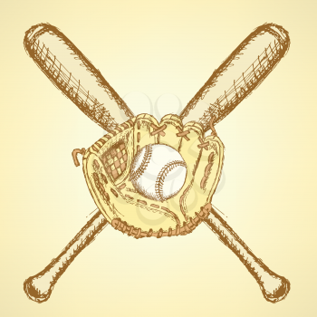 Sketch baseball ball, glove and bat, background

